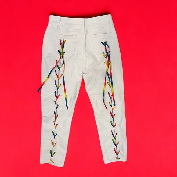 Denim - High Waisted Ripped Jeans-Colorful lace up on back